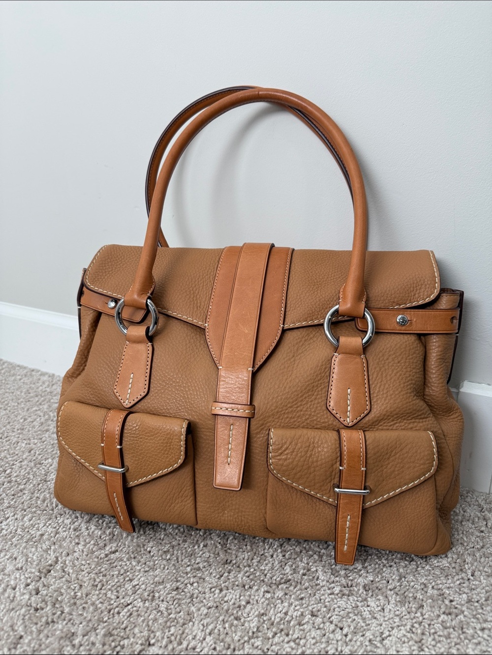 TUMI Classic Tan Leather Double Handle Satchel/Shoulder Bag